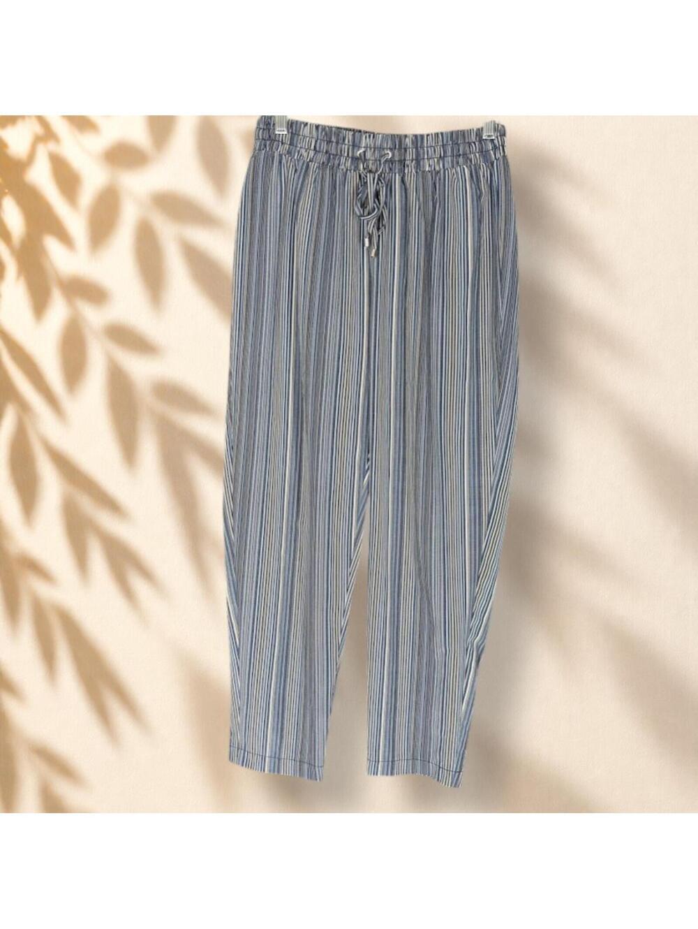 Soho Pants Women M Medium Blue Striped High Rise Drawstring Straight Casual
